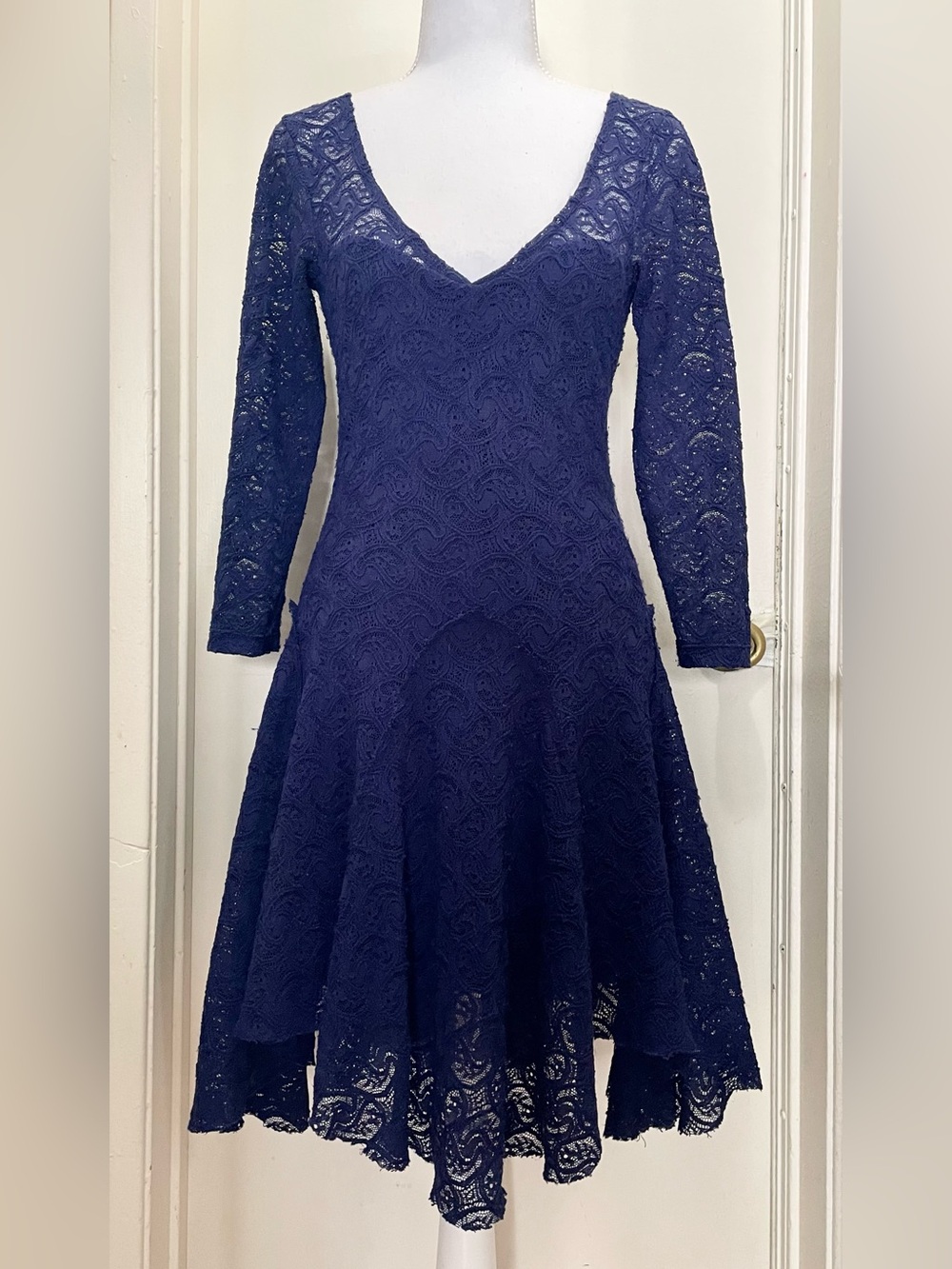 Free People Elegant Navy Lace Fit & Flare Dress. Size XS